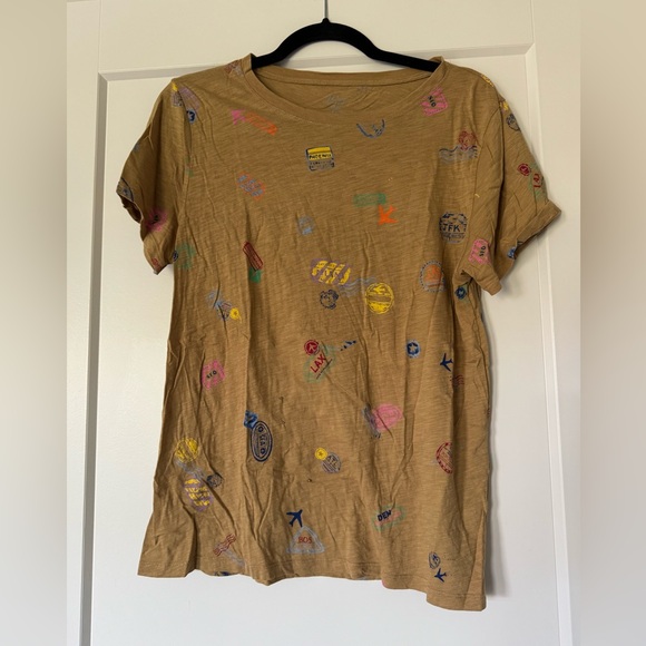 J. Crew Tan/Brown T-Shirt with City Stamps 100% Cotton - Picture 1 of 4